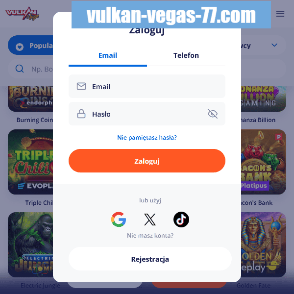 Vulkan Vegas 77 – okno logowania